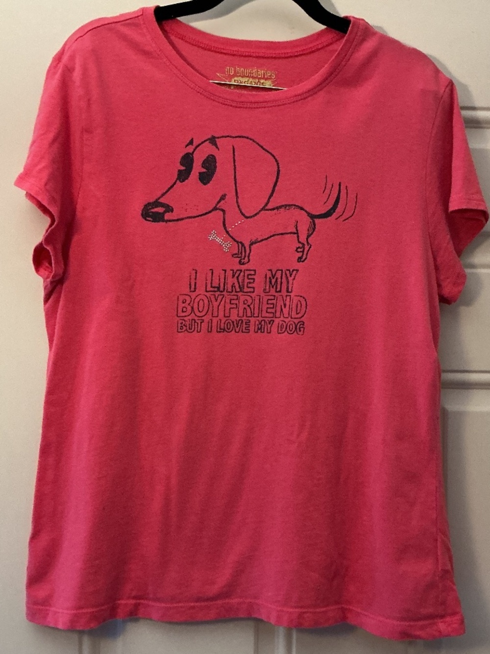 Women’s short sleeve No Boundaries Shirt I like my boyfriend but I love my dog